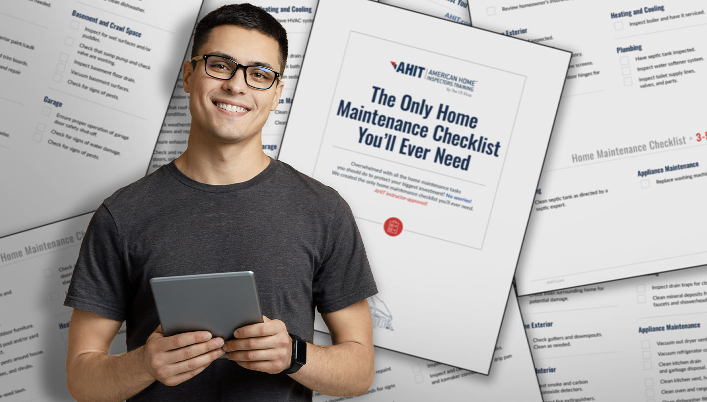 A smiling person with a tablet stands in front of a home maintenance checklist booklet titled "The Only Home Maintenance Checklist You'll Ever Need" by AHIT.